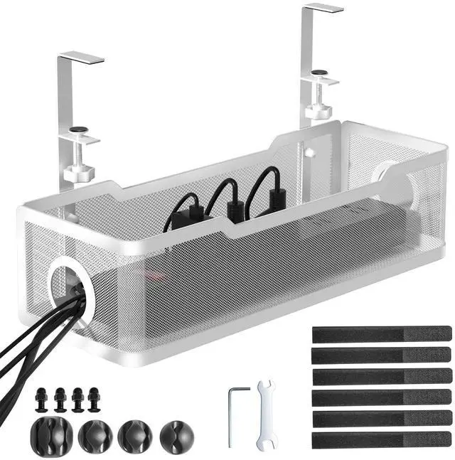 Main image of Under Desk Cable Management Tray White, Wire Organizers No Drill, Cable Tray with Clamp for Wire Management, Cord Organization Box for Office, Home - No Damage to Desk