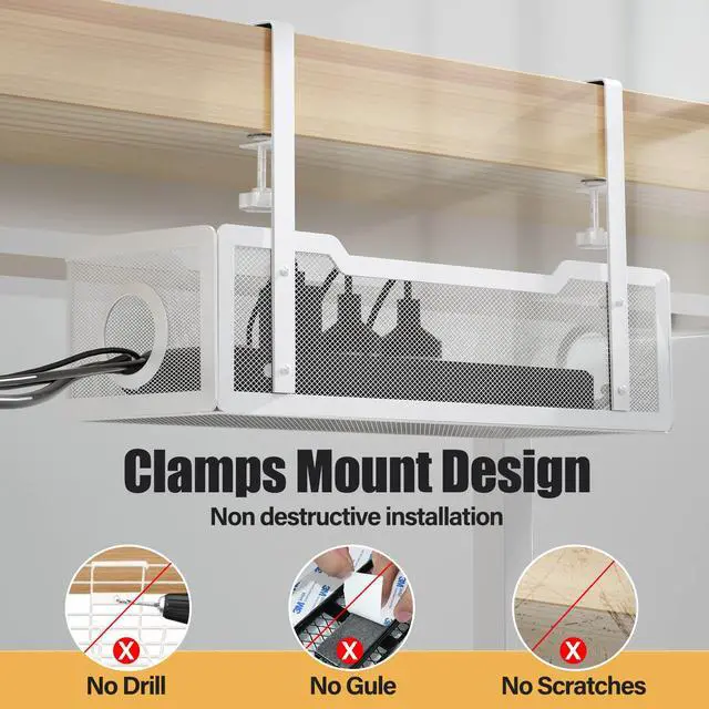 Alt view image 4 of 6 - Under Desk Cable Management Tray White, Wire Organizers No Drill, Cable Tray with Clamp for Wire Management, Cord Organization Box for Office, Home - No Damage to Desk