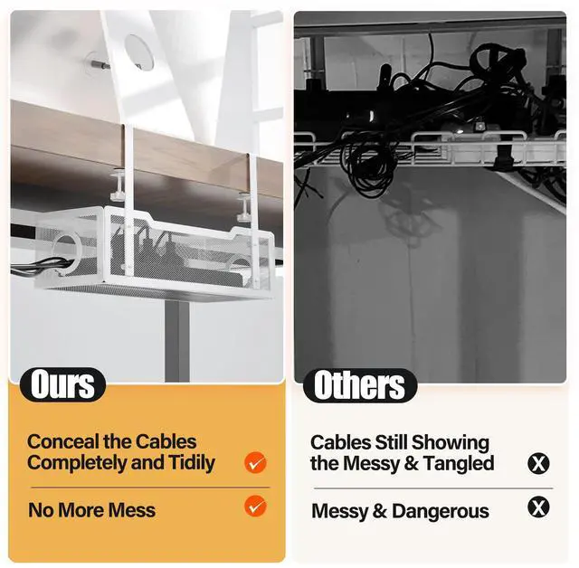 Alt view image 3 of 6 - Under Desk Cable Management Tray White, Wire Organizers No Drill, Cable Tray with Clamp for Wire Management, Cord Organization Box for Office, Home - No Damage to Desk
