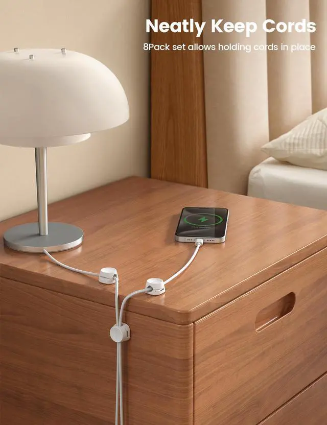 Alt view image 3 of 7 - _Mega Brand Spring Cable Management Clips - _Mega Brand Desk Cord Holder, Adhesive Cute Round Cable Clip, Phone Charger Wire Organizer Keeper for Nightstand Car Office Accessory, White
