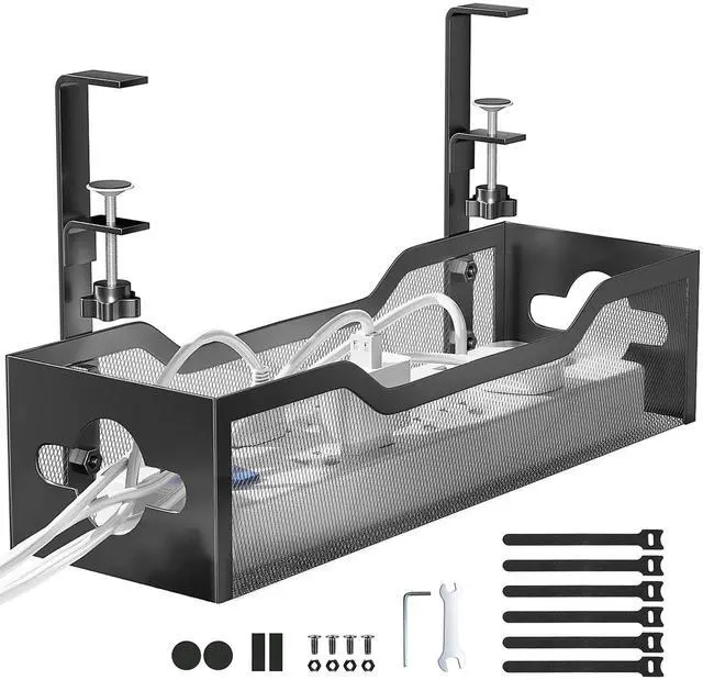 Main image of Under Desk Cable Management Tray No Drill, Metal Mesh Cable Management Under Desk with Clamp Mount, 2 Hole Cable Tray with Wire Management and Cord Organizer for Home Office Standing Desk