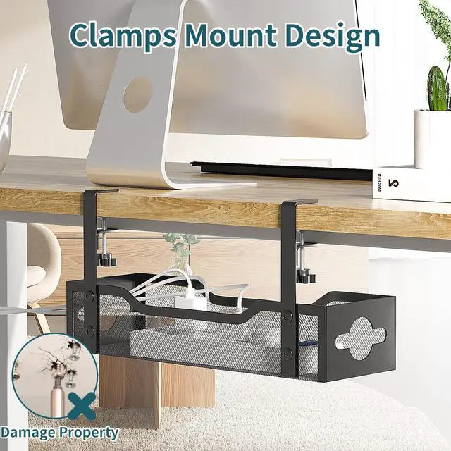 Alt view image 2 of 7 - Under Desk Cable Management Tray No Drill, Metal Mesh Cable Management Under Desk with Clamp Mount, 2 Hole Cable Tray with Wire Management and Cord Organizer for Home Office Standing Desk