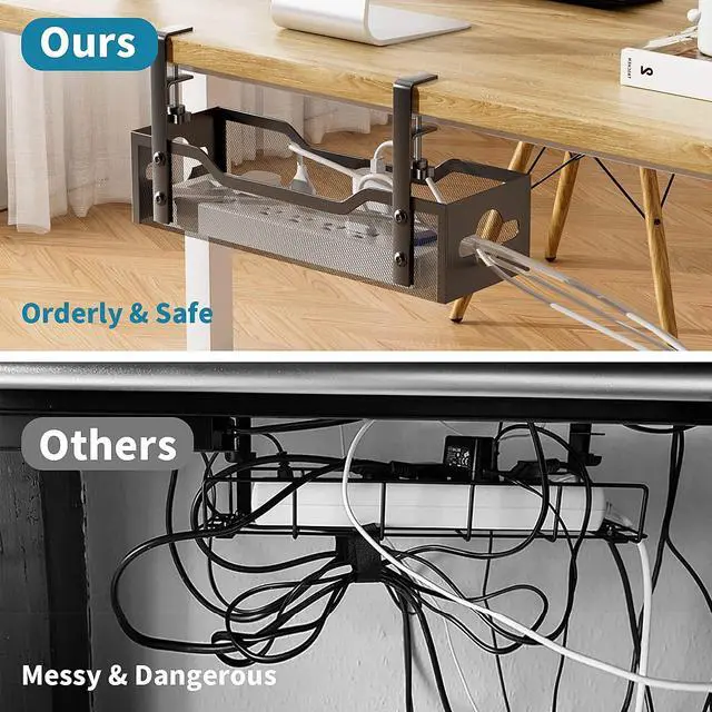 Alt view image 4 of 7 - Under Desk Cable Management Tray No Drill, Metal Mesh Cable Management Under Desk with Clamp Mount, 2 Hole Cable Tray with Wire Management and Cord Organizer for Home Office Standing Desk