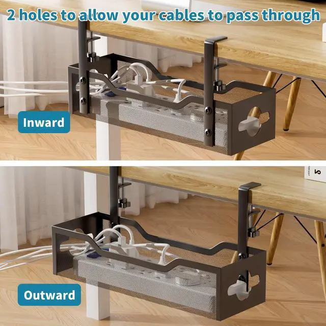 Alt view image 5 of 7 - Under Desk Cable Management Tray No Drill, Metal Mesh Cable Management Under Desk with Clamp Mount, 2 Hole Cable Tray with Wire Management and Cord Organizer for Home Office Standing Desk
