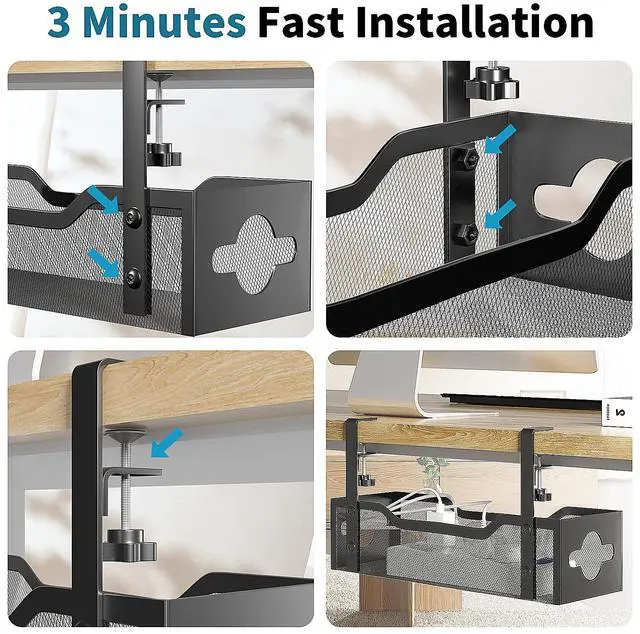 Alt view image 6 of 7 - Under Desk Cable Management Tray No Drill, Metal Mesh Cable Management Under Desk with Clamp Mount, 2 Hole Cable Tray with Wire Management and Cord Organizer for Home Office Standing Desk