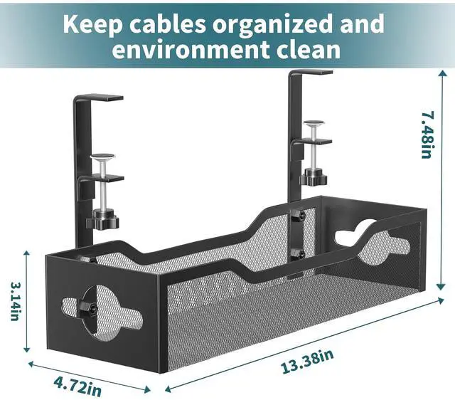 Alt view image 7 of 7 - Under Desk Cable Management Tray No Drill, Metal Mesh Cable Management Under Desk with Clamp Mount, 2 Hole Cable Tray with Wire Management and Cord Organizer for Home Office Standing Desk
