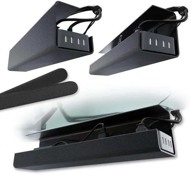 Main image of No-Screw Under Desk Cable Management Tray - Self-Adhesive Installation, Cord Management, Cable Tray, Under Desk Wire Organizer - Black Set of 2