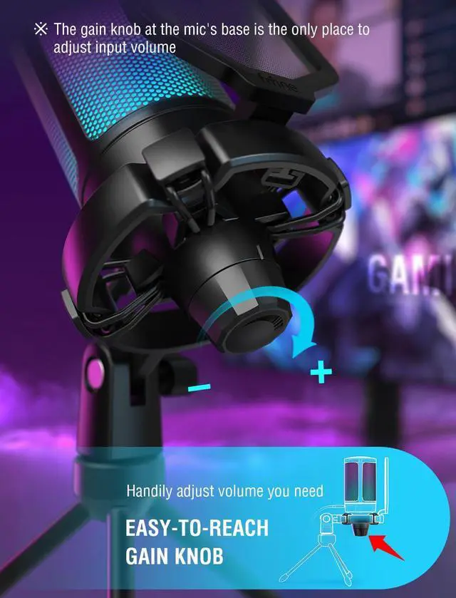 Alt view image 5 of 7 - Gaming USB Microphone for PC PS5, Condenser Mic with Quick Mute, RGB Indicator, Tripod Stand, Pop Filter, Shock Mount, Gain Control for Streaming Discord Twitch Podcasts Videos- AmpliGame