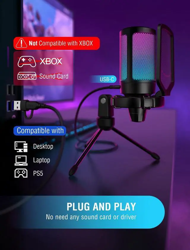 Alt view image 7 of 7 - Gaming USB Microphone for PC PS5, Condenser Mic with Quick Mute, RGB Indicator, Tripod Stand, Pop Filter, Shock Mount, Gain Control for Streaming Discord Twitch Podcasts Videos- AmpliGame