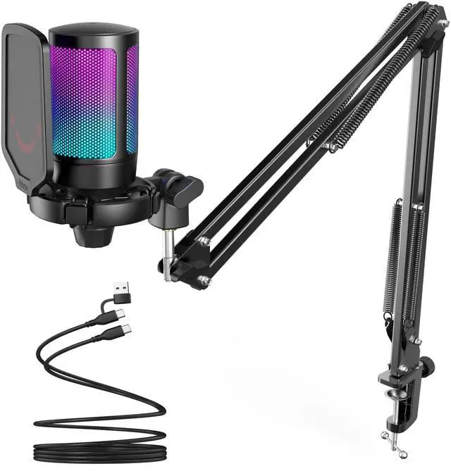 Main image of Gaming PC USB Microphone, Podcast Condenser Mic with Boom Arm, Pop Filter, Mute Button for Streaming, Twitch, Online Chat, RGB Computer Mic for PS4/5 PC Gamer Youtuber-AmpliGame A6T