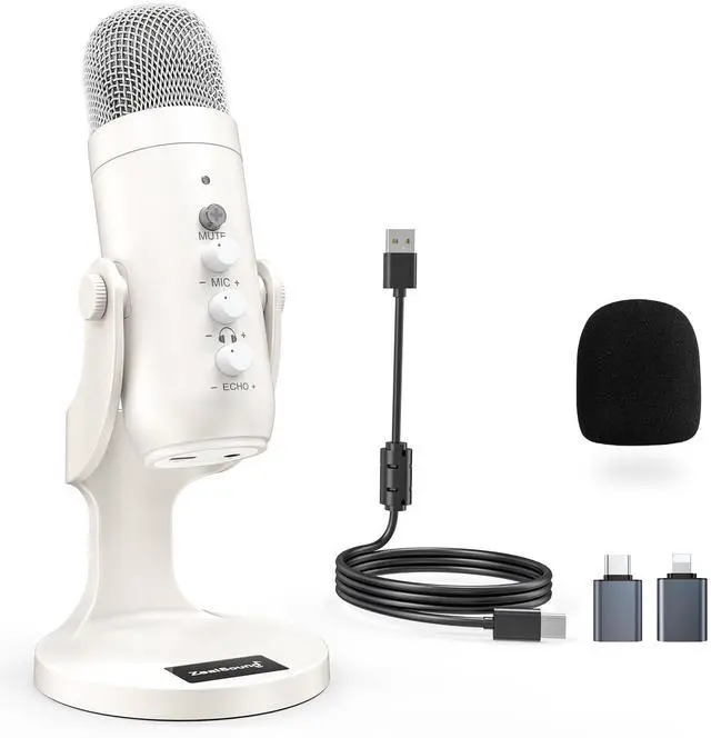 Main image of Podcast Microphone, Noise Cancellation Mic with Gain, Volume Adjustment & Mute Button, Monitor & Echo, for ASMR, Vocal Recording, YouTube, TikTok, PC, iPhone, iPad, Android, Mac, K66, White