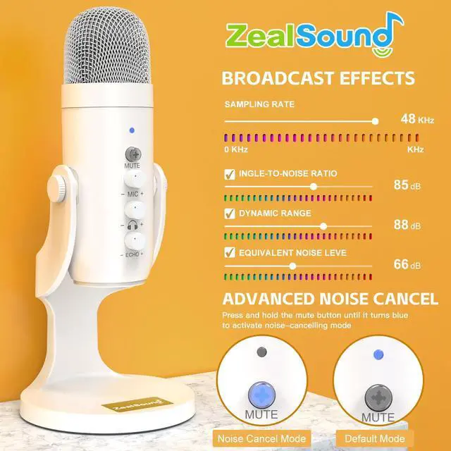 Alt view image 3 of 7 - Podcast Microphone, Noise Cancellation Mic with Gain, Volume Adjustment & Mute Button, Monitor & Echo, for ASMR, Vocal Recording, YouTube, TikTok, PC, iPhone, iPad, Android, Mac, K66, White