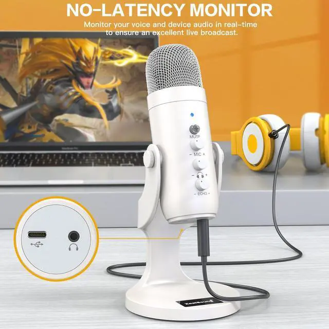 Alt view image 5 of 7 - Podcast Microphone, Noise Cancellation Mic with Gain, Volume Adjustment & Mute Button, Monitor & Echo, for ASMR, Vocal Recording, YouTube, TikTok, PC, iPhone, iPad, Android, Mac, K66, White