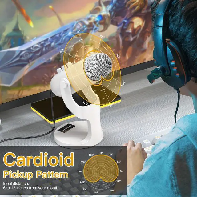 Alt view image 6 of 7 - Podcast Microphone, Noise Cancellation Mic with Gain, Volume Adjustment & Mute Button, Monitor & Echo, for ASMR, Vocal Recording, YouTube, TikTok, PC, iPhone, iPad, Android, Mac, K66, White