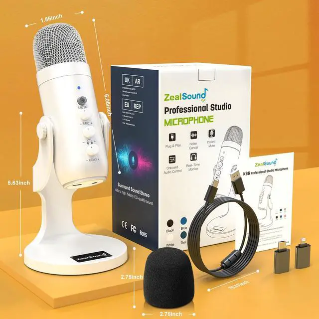 Alt view image 7 of 7 - Podcast Microphone, Noise Cancellation Mic with Gain, Volume Adjustment & Mute Button, Monitor & Echo, for ASMR, Vocal Recording, YouTube, TikTok, PC, iPhone, iPad, Android, Mac, K66, White