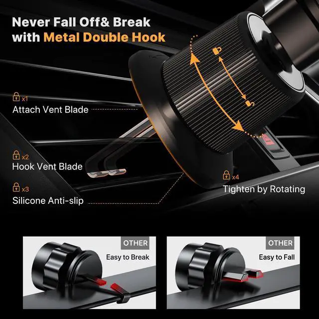 Alt view image 3 of 6 - Phone Holders for Your Car with Metal Hook Clip, Air Vent Cell Phone Stand Car Mount, Universal Automobile Cradle for Garmin GPS Fit iPhone Android and All Smartphones, Dark Black