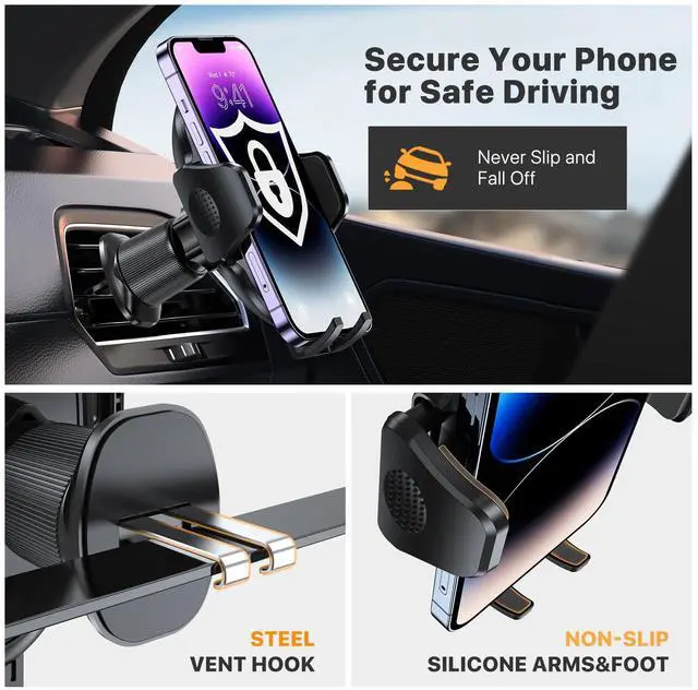 Alt view image 4 of 6 - Phone Holders for Your Car with Metal Hook Clip, Air Vent Cell Phone Stand Car Mount, Universal Automobile Cradle for Garmin GPS Fit iPhone Android and All Smartphones, Dark Black