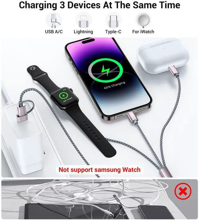 Alt view image 4 of 7 - _Mega Brand ,3 in 2 USB C Cable for Apple Watch Charger/iPhone 17 Charger/Lightning,Multi Charging Cable Cord,Vacation Camping Essentials,Portable Designed for iWatch &iPhone 16-12-4FT