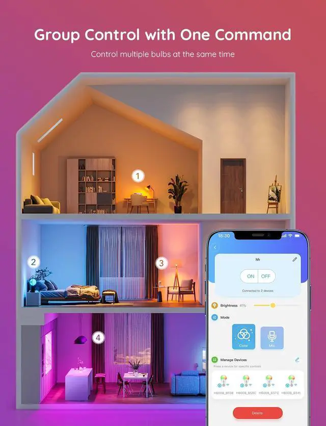 Alt view image 5 of 7 - Govee Smart Light Bulbs, Color Changing Light Bulb, Work with Alexa and Google Assistant, 16 Million Colors RGBWW, WiFi & Bluetooth LED Light Bulbs, Music Sync, A19, 800 Lumens, 4 Pack