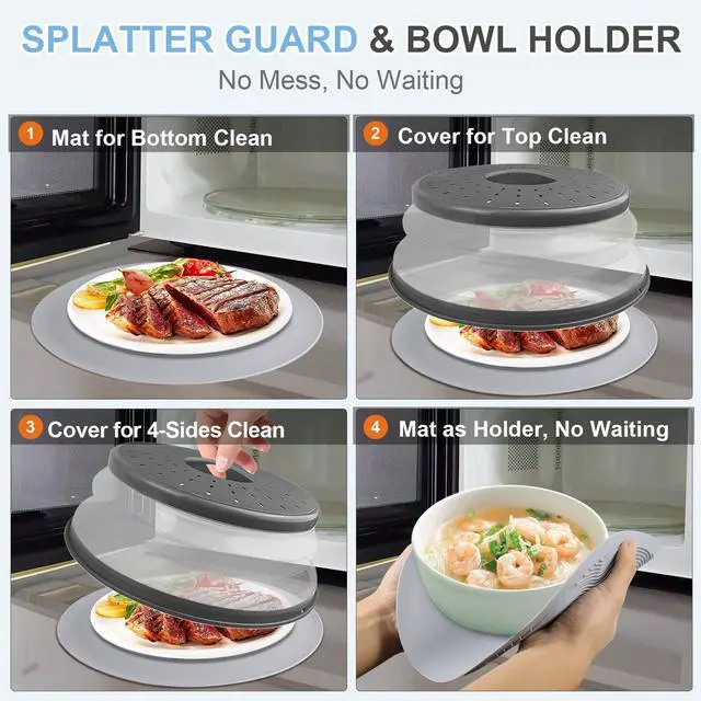 Alt view image 3 of 7 - Inch Microwave Food Cover & Collapsible Silicone Mat - Splatter Guard, Plate Holder & Kitchen Colander for Meal Prep, Charcoal