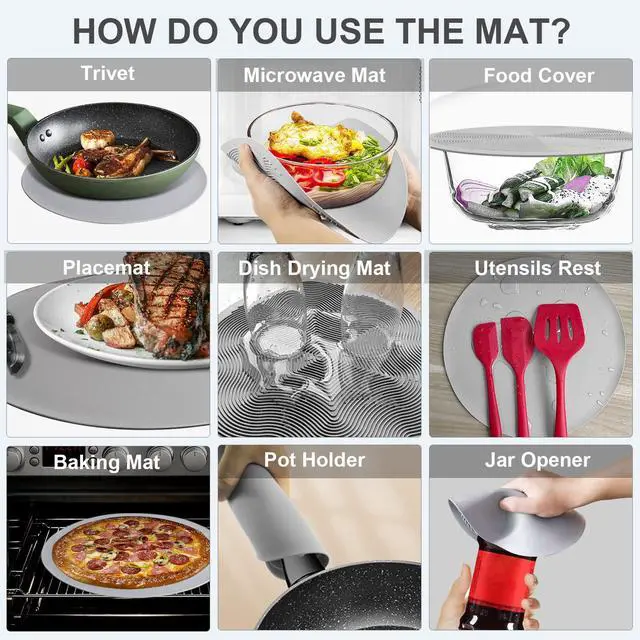 Alt view image 4 of 7 - Microwave Food Cover with Mat 12 Inch, Mat as Bowl Holder, Cover for Splatter Guard, Collapsible Lid for Plate Dish, Multi-Purpose Silicone Mat & Kitchen Colander Gadget for Meal Prep,Charcoal