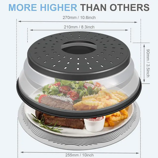 Alt view image 6 of 7 - Inch Microwave Food Cover & Collapsible Silicone Mat - Splatter Guard, Plate Holder & Kitchen Colander for Meal Prep, Charcoal