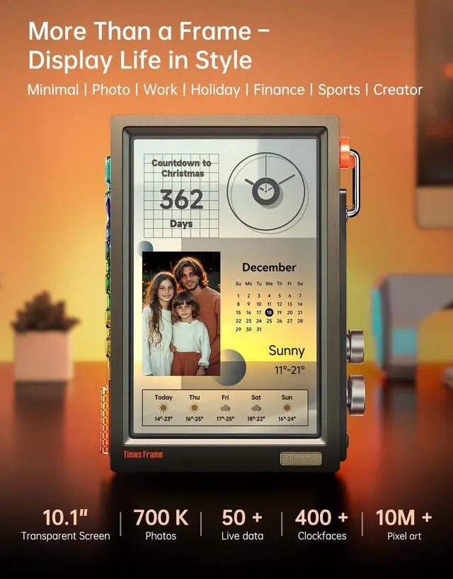 Alt view image 2 of 7 - _Mega Brand Digital Picture Frame Transparent IPS Smart Linux OS with RGBLED Rotary Knob WiFi 64GB 400+Clock Faces Widget 50+API Feeds Gift Mode Pixel Art Community Personalized Display