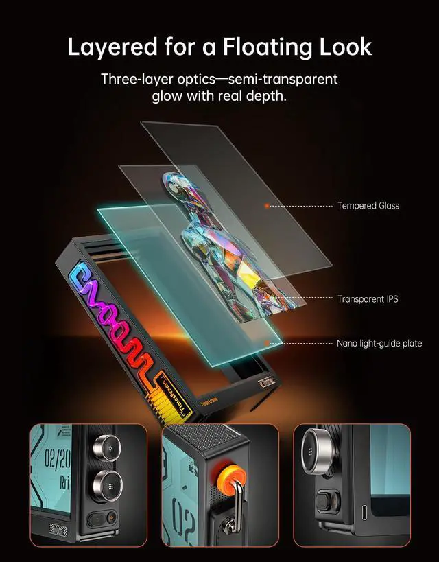 Alt view image 3 of 7 - _Mega Brand Digital Picture Frame Transparent IPS Smart Linux OS with RGBLED Rotary Knob WiFi 64GB 400+Clock Faces Widget 50+API Feeds Gift Mode Pixel Art Community Personalized Display