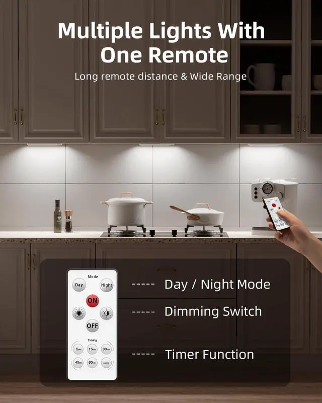 Alt view image 3 of 7 - _Mega Brand 5 Pack Under Cabinet Lighting, Rechargeable Motion Sensor Light, LED Closet Lights Wireless, 5700K Dimmable, Timer, Magnetic, with Remote Control for Kitchen, Closet, Stair