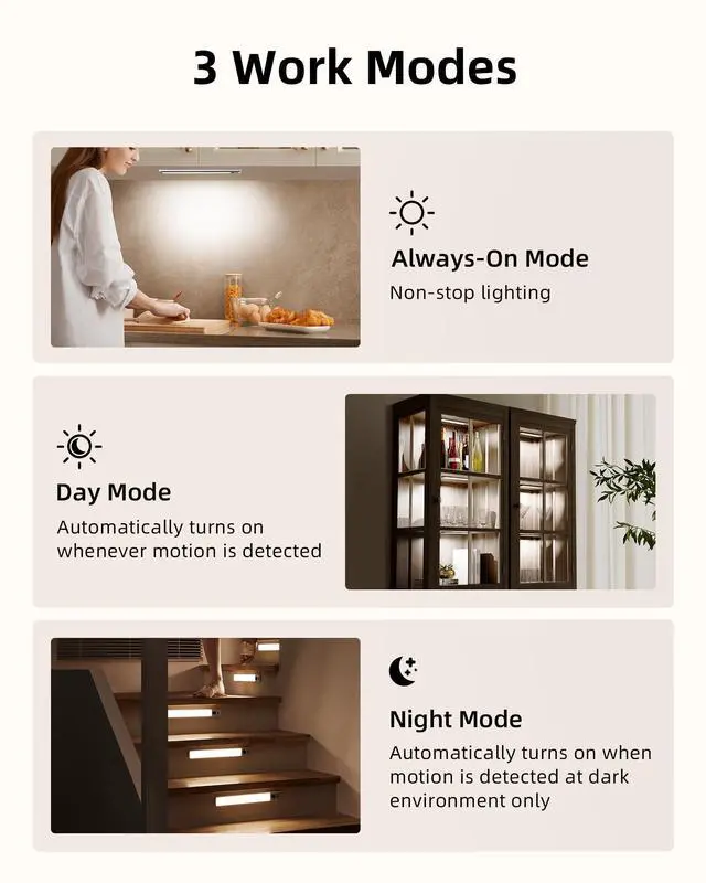 Alt view image 5 of 7 - _Mega Brand 5 Pack Under Cabinet Lighting, Rechargeable Motion Sensor Light, LED Closet Lights Wireless, 5700K Dimmable, Timer, Magnetic, with Remote Control for Kitchen, Closet, Stair