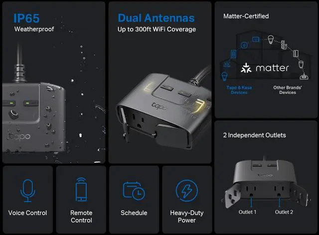 Alt view image 2 of 7 - _Mega Brand Matter Outdoor Smart Plug, 2 Individual outlets, IP65 Weather Resistance, Works with Apple Home, Alexa, Google Home, Long Wi-Fi Range, 2.4G Wi-Fi Only, ETL Certified
