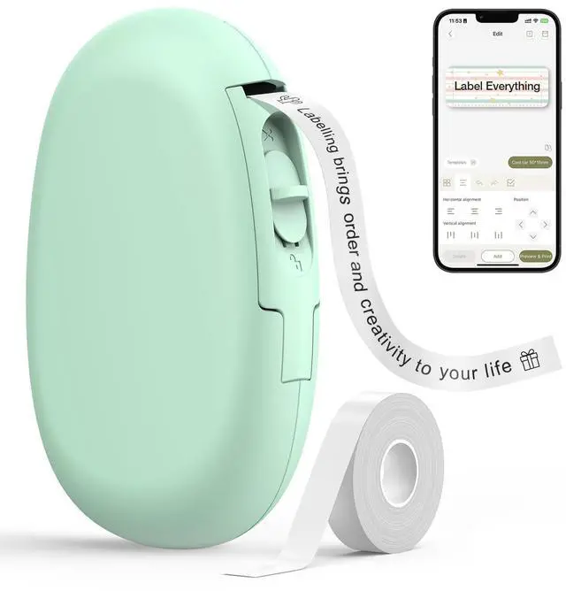 Main image of E10 Bluetooth Label Maker Machine with Tape, Continuous Waterproof Label, Versatile App with 35 Fonts and 1k+ Icons, Label Printer for Home, Kitchen, School, Office Organization, Green