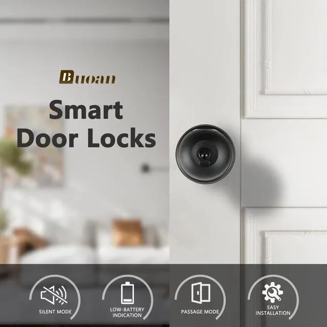 Alt view image 2 of 7 - Fingerprint Door Lock, Smart Fingerprint Door Knob with Lock, Biometric Black Door Lock, Keyless Thumbprint Entry Door Lock for Bedrooms, Hotels, Apartments, Offices and Garages