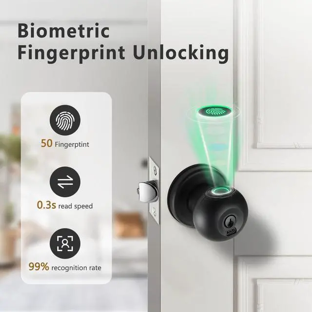 Alt view image 4 of 7 - Fingerprint Door Lock, Smart Fingerprint Door Knob with Lock, Biometric Black Door Lock, Keyless Thumbprint Entry Door Lock for Bedrooms, Hotels, Apartments, Offices and Garages