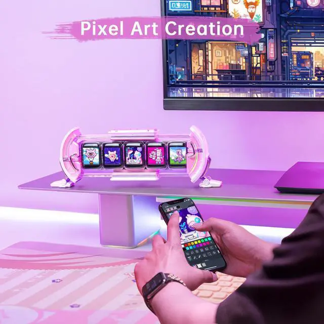 Alt view image 6 of 7 - _Mega Brand Times Gate - Cute Gaming Digital Clock with Smart App-Controlled, Support Weather Forecast, Stock Market/Exchange Rate, Social Media, Pixel Art Display for Gamers & Home Office Decor