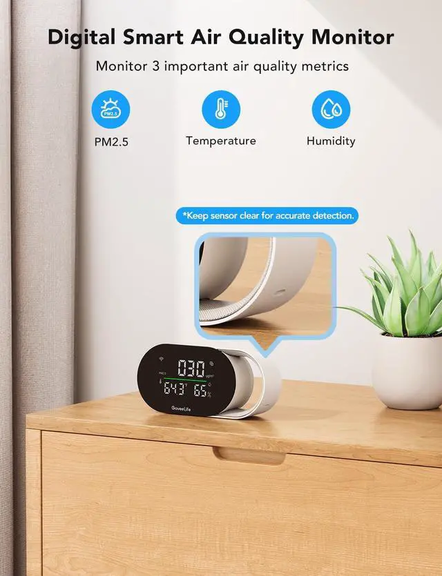 Alt view image 3 of 7 - _Mega Brand Smart Air Quality Monitor with PM2.5, WiFi, Temperature & Humidity Sensors, LED Display, 2s Refresh, 2-Year Data Storage, for Home & Office Wired