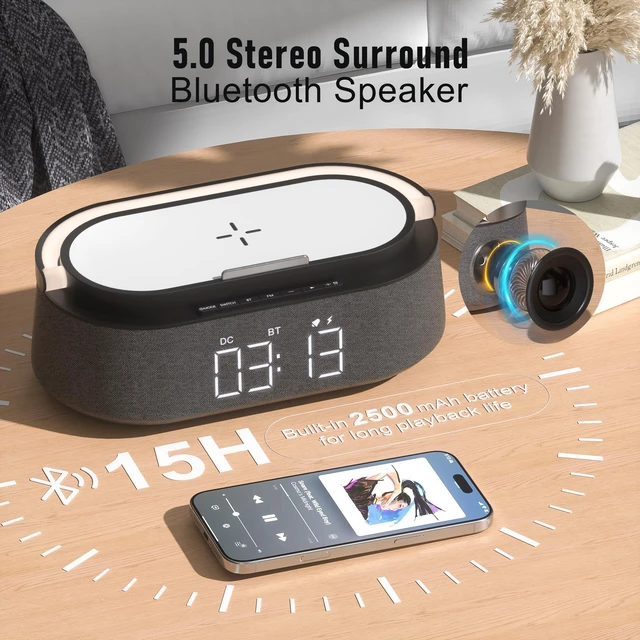 Alt view image 5 of 7 - Alarm Clock Bedrooms with Wireless Charger Bluetooth Speaker FM Radio Light | 6 in 1 Digital Alarm Clocks with Dimmable Night Light, Snooze, Dimmer 12 24H, 2500mAh battery for Home Office,Gift for Man