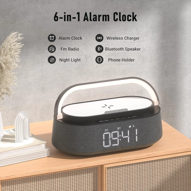 Alt view image 3 of 7 - Alarm Clock Bedrooms with Wireless Charger Bluetooth Speaker FM Radio Light | 6 in 1 Digital Alarm Clocks with Dimmable Night Light, Snooze, Dimmer 12 24H, 2500mAh battery for Home Office,Gift for Man