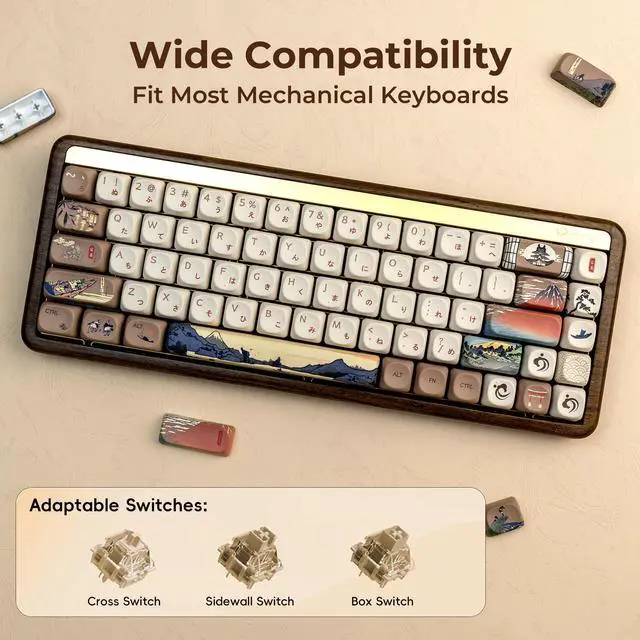 Alt view image 5 of 7 - Profile Japanese Fuji Mountain Theme PBT Keycaps Set, 140-Key Coffee & Cream Custom Keycaps for US Layout Mechanical Keyboards (Brown/Beige Design with Key Puller)