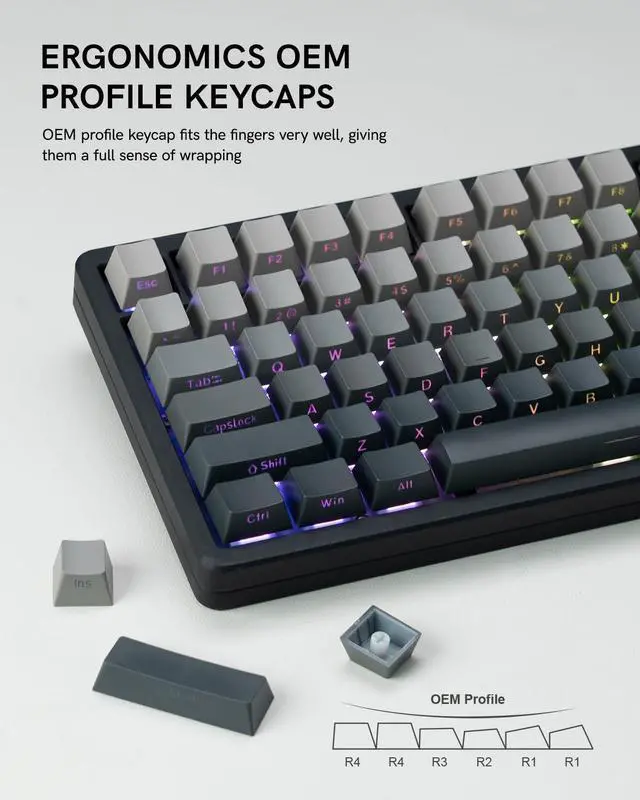 Alt view image 2 of 7 - Klymra Double Shot PBT Keycaps Set 135 Keys, Custom Keyboard Keycaps, OEM Profile Side Printed Shine Through Key Caps for 100%, 75%, 65%, 60% Gaming Mechanical Keyboards, Gradient Gray