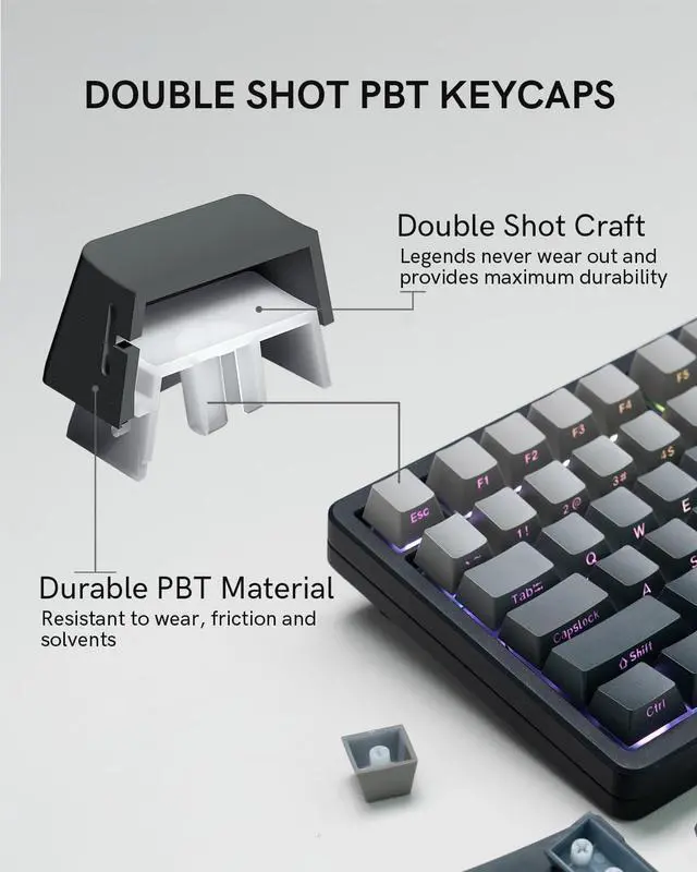 Alt view image 3 of 7 - Klymra Double Shot PBT Keycaps Set 135 Keys, Custom Keyboard Keycaps, OEM Profile Side Printed Shine Through Key Caps for 100%, 75%, 65%, 60% Gaming Mechanical Keyboards, Gradient Gray