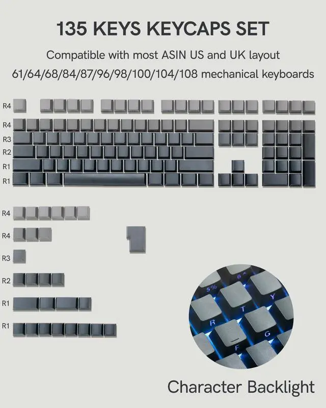 Alt view image 6 of 7 - Klymra Double Shot PBT Keycaps Set 135 Keys, Custom Keyboard Keycaps, OEM Profile Side Printed Shine Through Key Caps for 100%, 75%, 65%, 60% Gaming Mechanical Keyboards, Gradient Gray