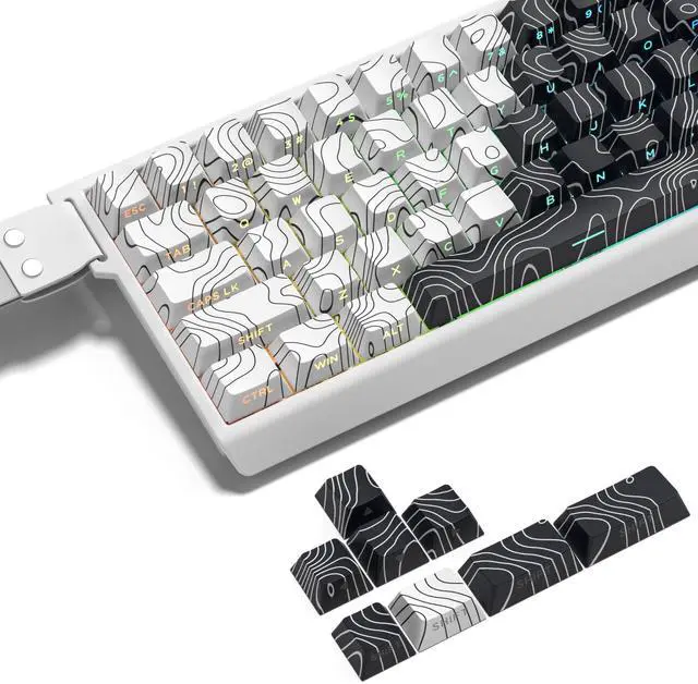 Alt view image 5 of 6 - _Mega Brand keycaps,White and Black,Topographic keycaps,Lines Backlit,Shine Through keycap,Side Printed keycap,dye Sublimation,Cherry Profile Keyboard caps for TKL US Layout Mechanical Keyboard