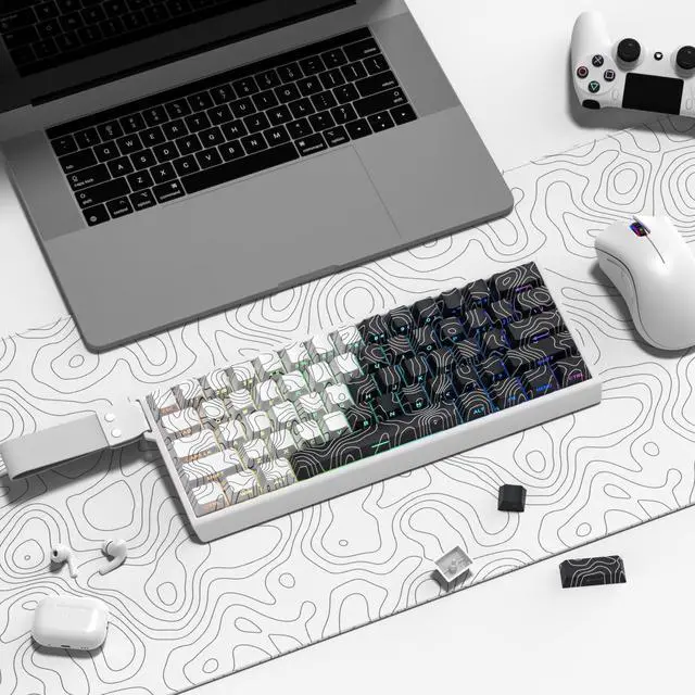 Alt view image 6 of 6 - _Mega Brand keycaps,White and Black,Topographic keycaps,Lines Backlit,Shine Through keycap,Side Printed keycap,dye Sublimation,Cherry Profile Keyboard caps for TKL US Layout Mechanical Keyboard
