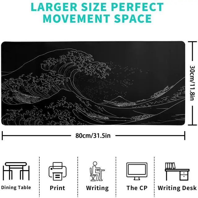 Alt view image 2 of 6 - _Mega Brand Japanese Sea Wave Large Mouse Pad, Anime Black Gaming, Extended Kanagawa Mat Desk Pad, 3mm Thick Long Non-Slip Rubber Base Mice Pad, 31.5 X 11.8 Inch