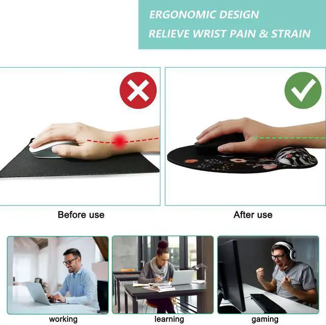 Alt view image 2 of 7 - _Mega Brand Mouse Pad with Wrist Support, Ergonomic Mouse Pad with Memory Foam Wrist Rest Cushion, Non-Slip Rubber Base Gaming Mice Pad for Home Office Computer Laptop, Flower Black