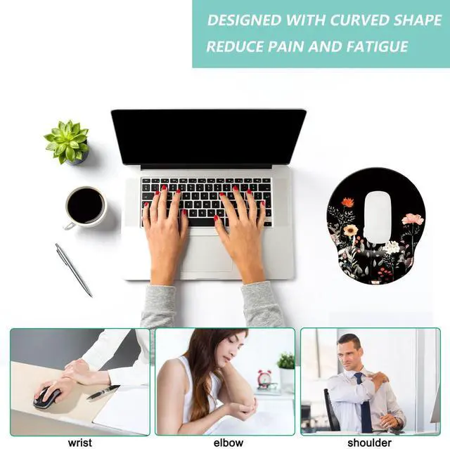 Alt view image 5 of 7 - _Mega Brand Mouse Pad with Wrist Support, Ergonomic Mouse Pad with Memory Foam Wrist Rest Cushion, Non-Slip Rubber Base Gaming Mice Pad for Home Office Computer Laptop, Flower Black