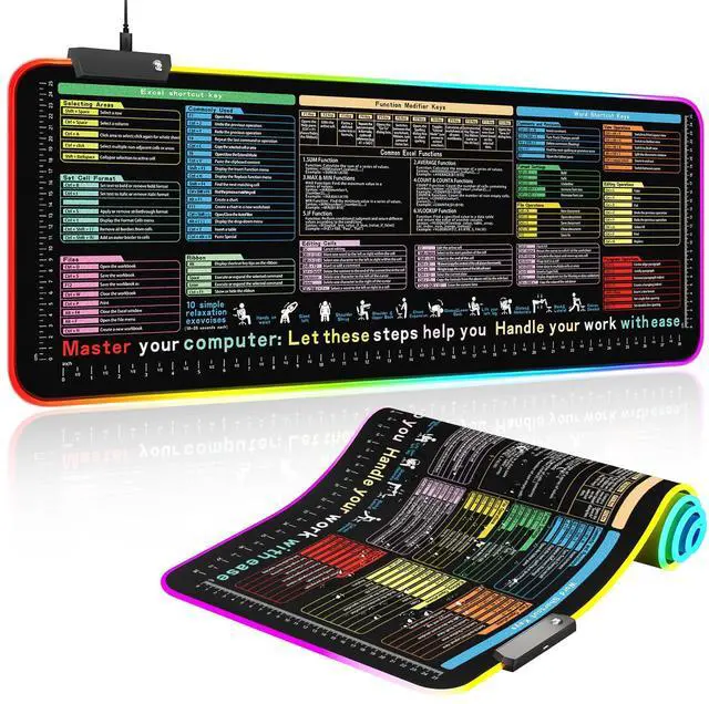 Main image of _Mega Brand RGB Excel Cheat Sheet Desk Pad 31.5x11.8 with 13 Light Modes - Light Up Waterproof RGB Mouse Pad with Inch Scale,Contain 12 Types of Common Skill in Excel and Word,Excelpad XL Led Desk Mat