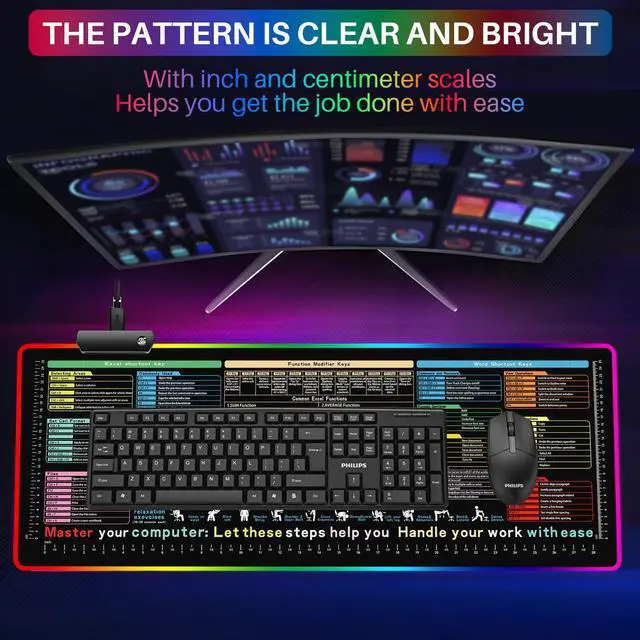 Alt view image 3 of 7 - _Mega Brand RGB Excel Cheat Sheet Desk Pad 31.5x11.8 with 13 Light Modes - Light Up Waterproof RGB Mouse Pad with Inch Scale,Contain 12 Types of Common Skill in Excel and Word,Excelpad XL Led Desk Mat