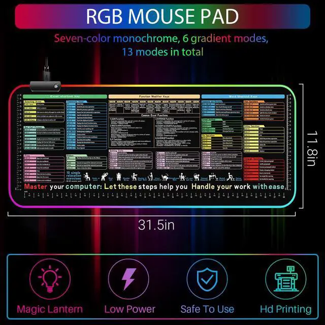 Alt view image 2 of 7 - _Mega Brand RGB Excel Cheat Sheet Desk Pad 31.5x11.8 with 13 Light Modes - Light Up Waterproof RGB Mouse Pad with Inch Scale,Contain 12 Types of Common Skill in Excel and Word,Excelpad XL Led Desk Mat